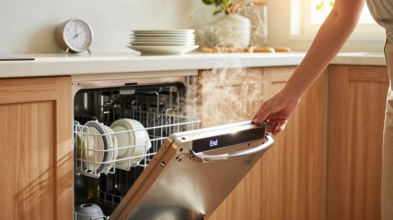 Pessoa abrindo lava-louças com pratos limpos e vapor saindo no ambiente de cozinha iluminada.