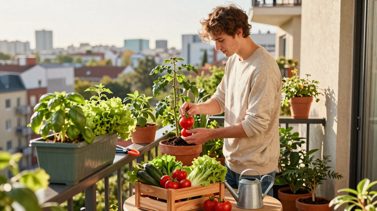 Jovem cuidando de plantas e colhendo tomates em varanda com hortaliças no sol da manhã.