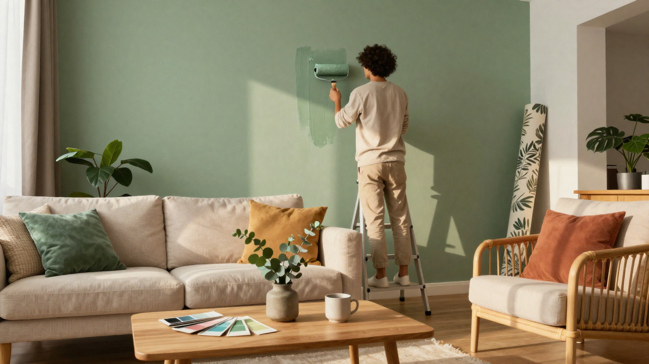 Pessoa pintando uma parede verde clara em sala de estar com sofá, poltrona e mesa de madeira.
