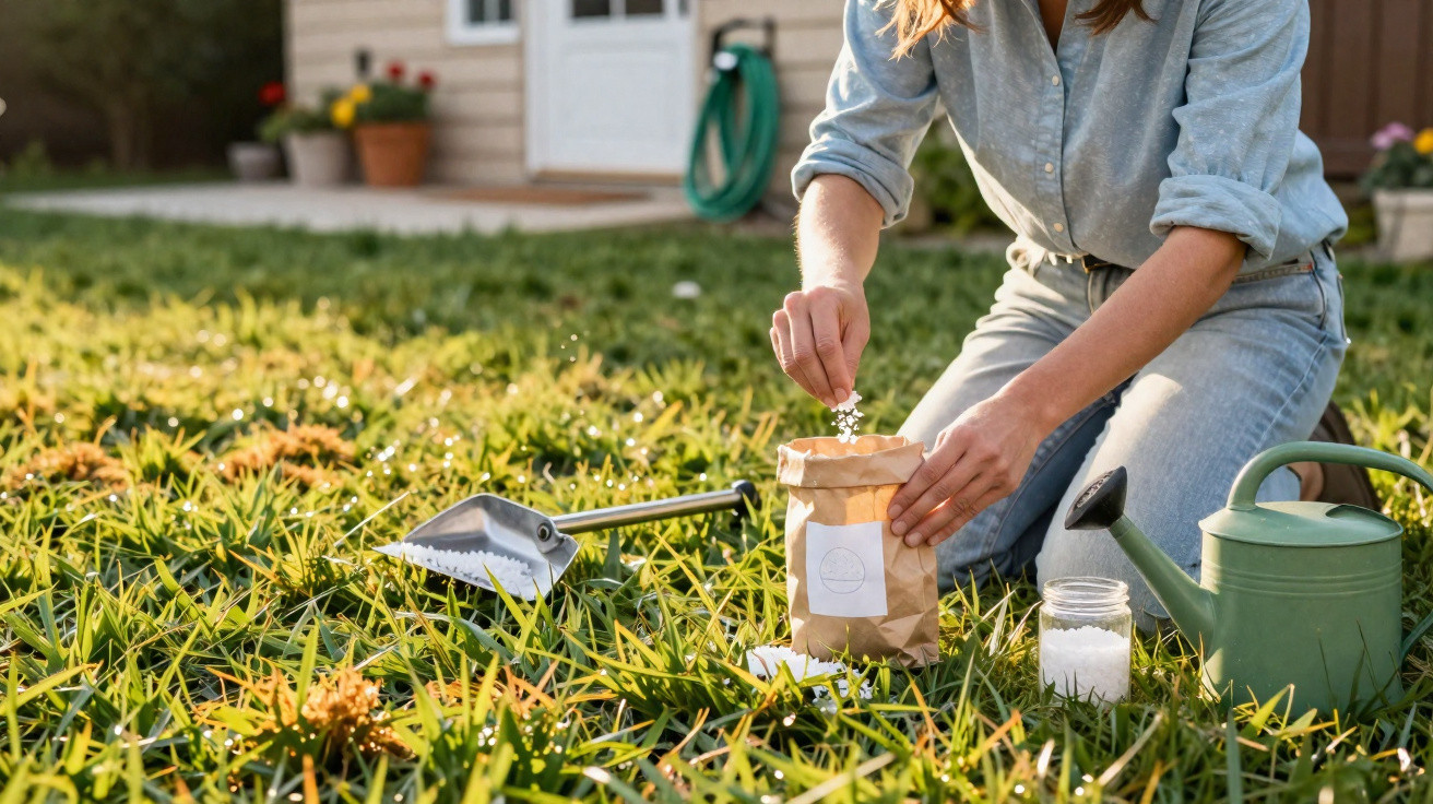 Pessoa sem rosto segurando sementes e preparando para plantar em gramado verde com regador e ferramenta de jardinagem.