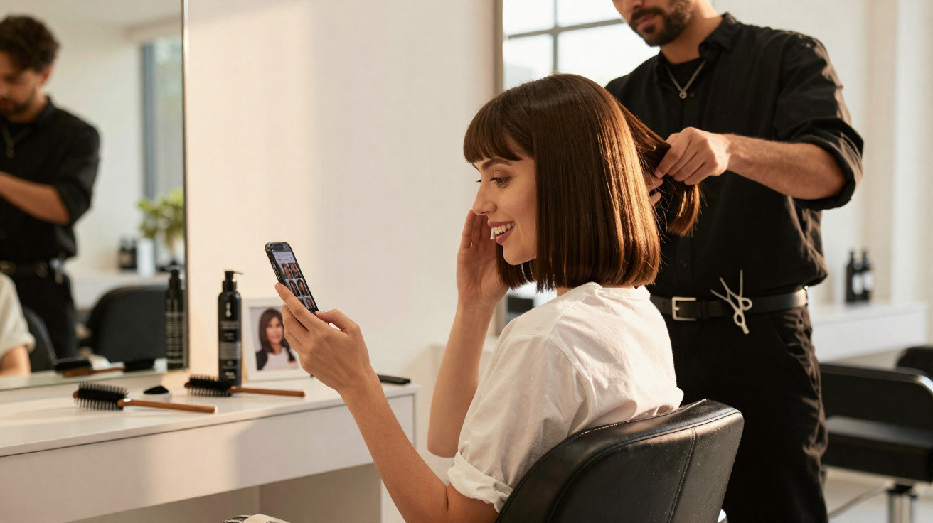 Mulher sorridente sentada no salão de beleza segurando celular enquanto cabeleireiro penteia seu cabelo.