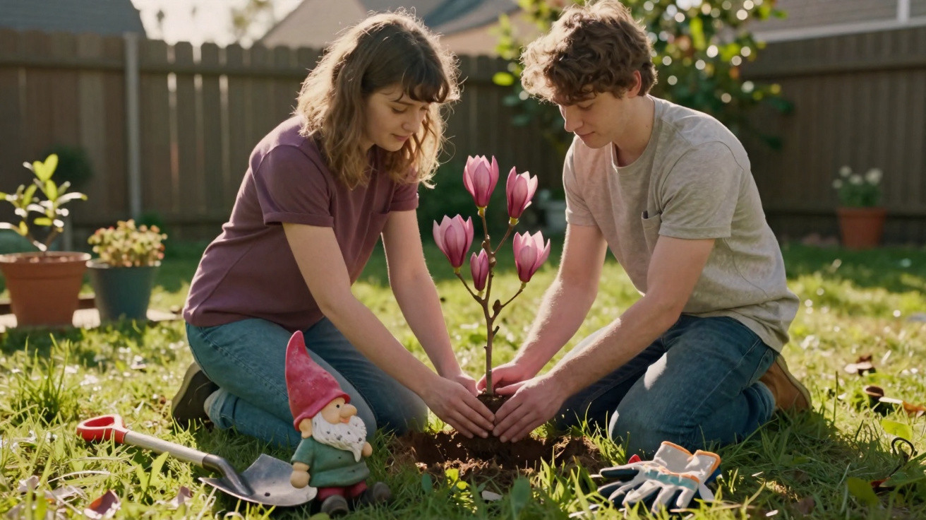Jovem casal plantando uma árvore de flores rosas em jardim ensolarado, com ferramentas e gnomo ao lado.