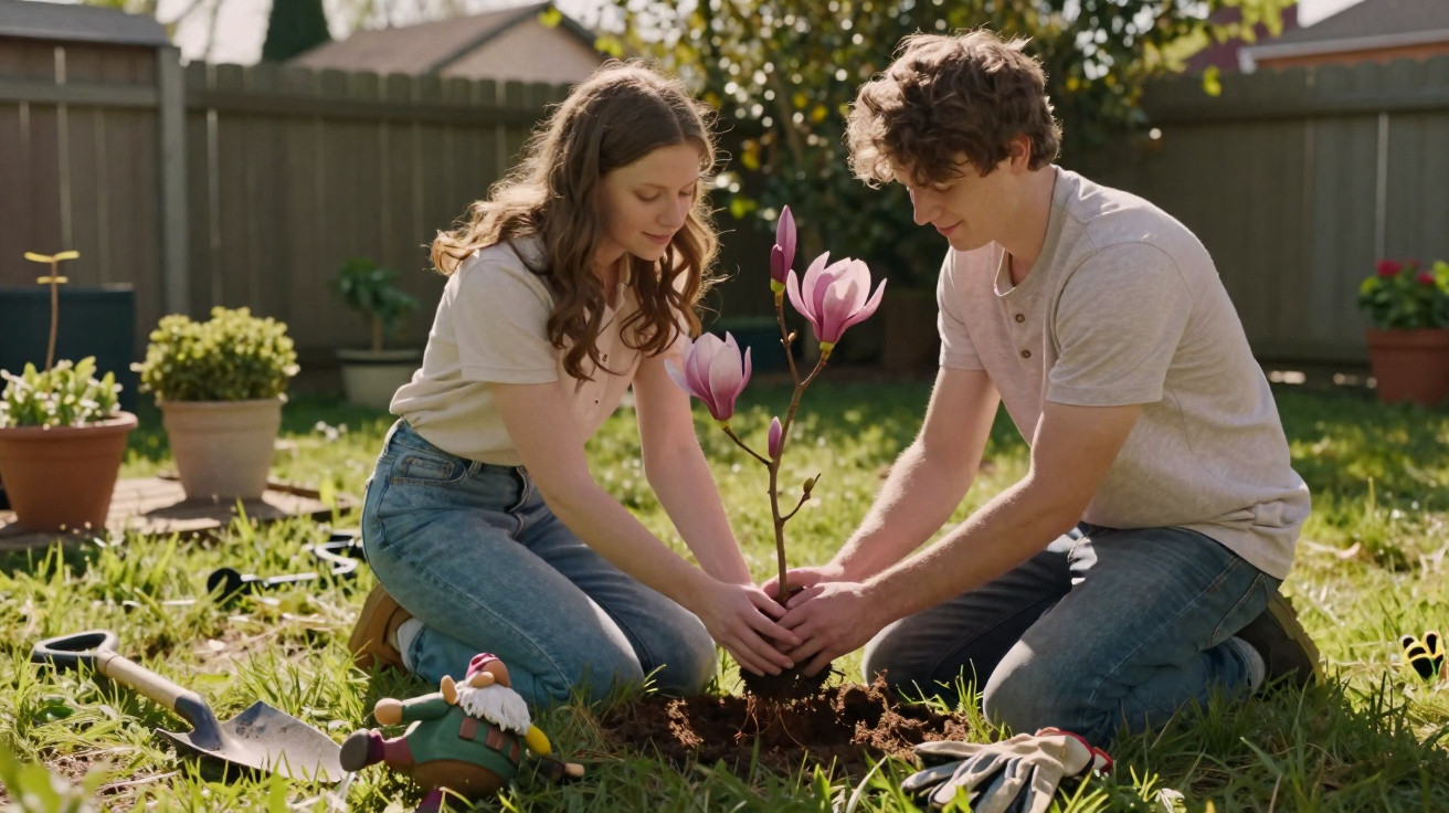Casal jovem plantando árvore florida em jardim com ferramentas e vasos ao redor.