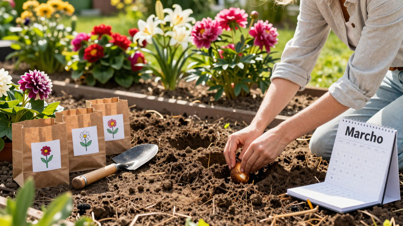 Pessoa plantando bulbo em canteiro com flores, pacotes de sementes, pá e calendário marcando março.