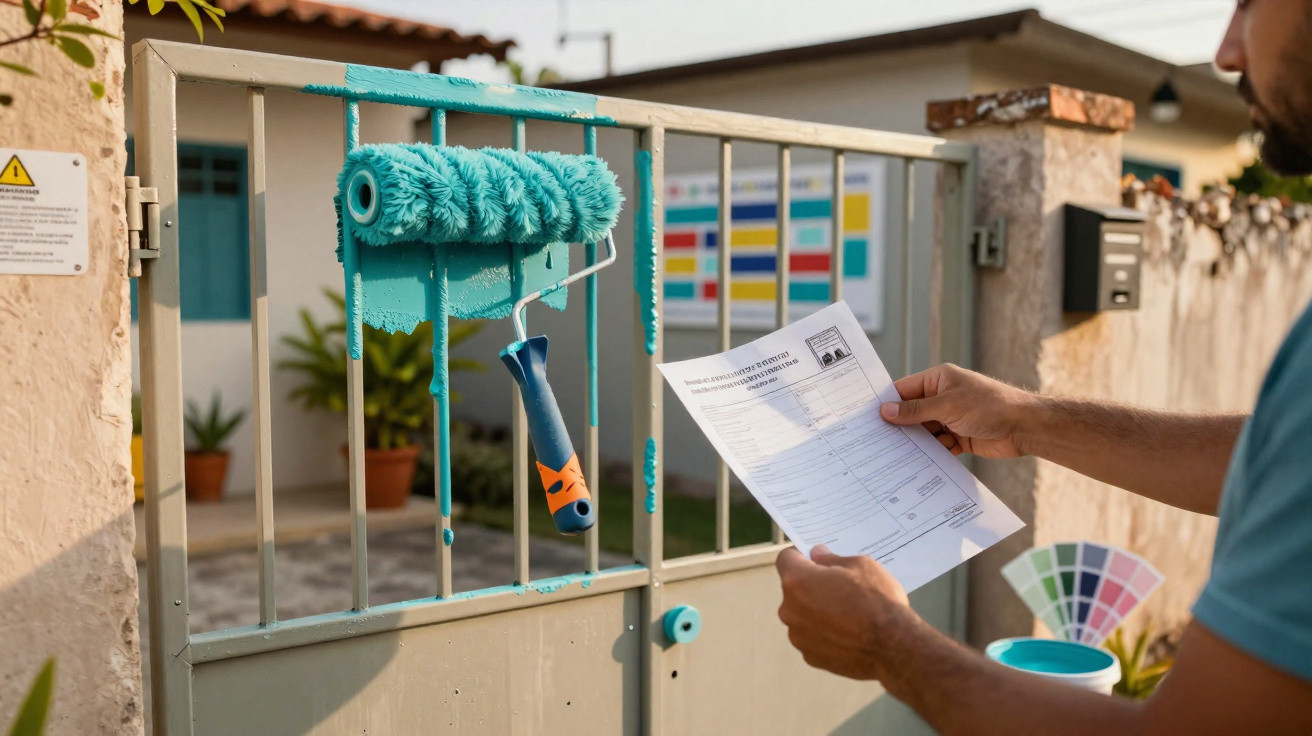 Rolo de pintura azul preso em portão enquanto pessoa lê documento segurando paleta de cores.