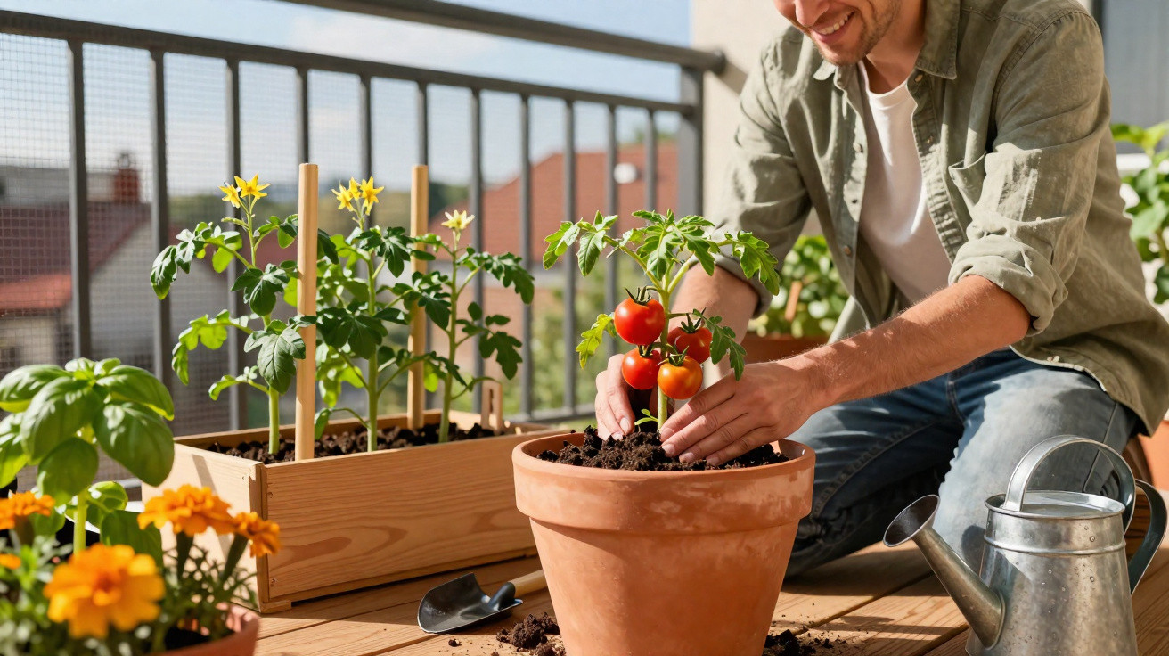 Homem cuidando de planta de tomate com frutos vermelhos em vaso no jardim de varanda.