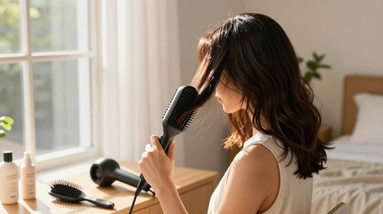 Mulher secando o cabelo com escova elétrica em quarto iluminado pela luz natural da janela.