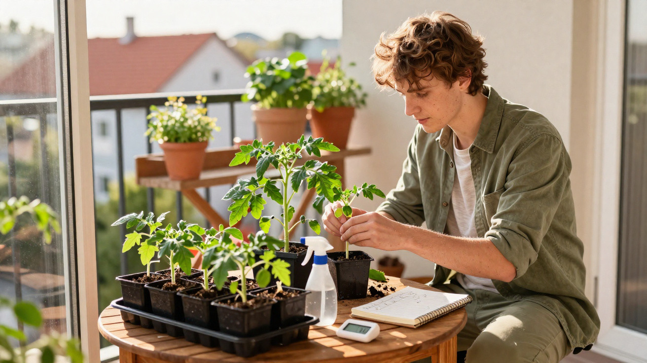 Jovem cuidando de plantas em vasos em uma varanda ensolarada, com regador e caderno ao lado.
