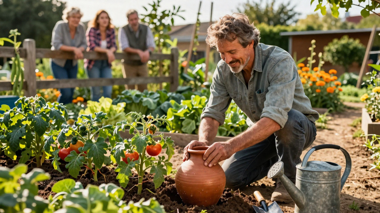 Homem cuidando de jarro na horta, com plantas e pessoas observando ao fundo em área ao ar livre.
