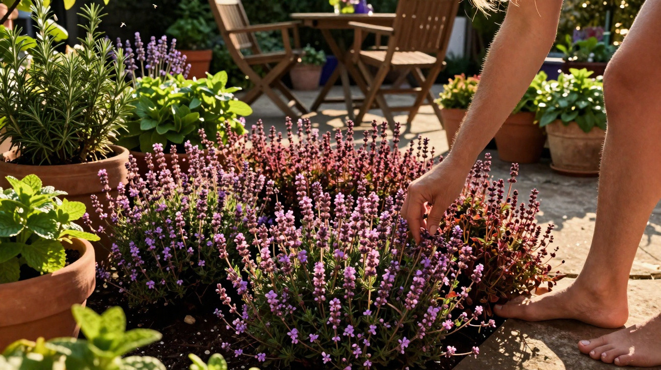 Pessoa cuidando de plantas com flores roxas em jardim com vasos e cadeira de madeira ao fundo.