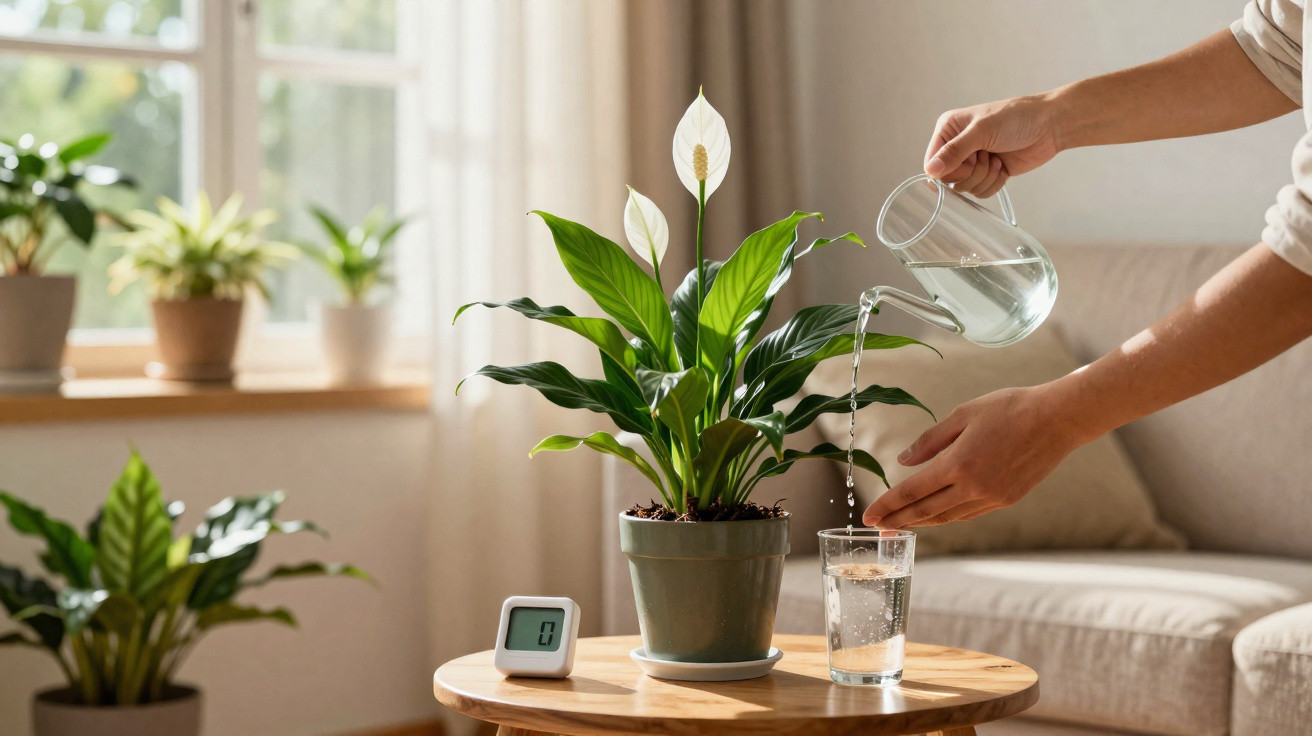 Pessoa derramando água em copo sobre mesa com planta e termômetro digital em sala iluminada pela janela.
