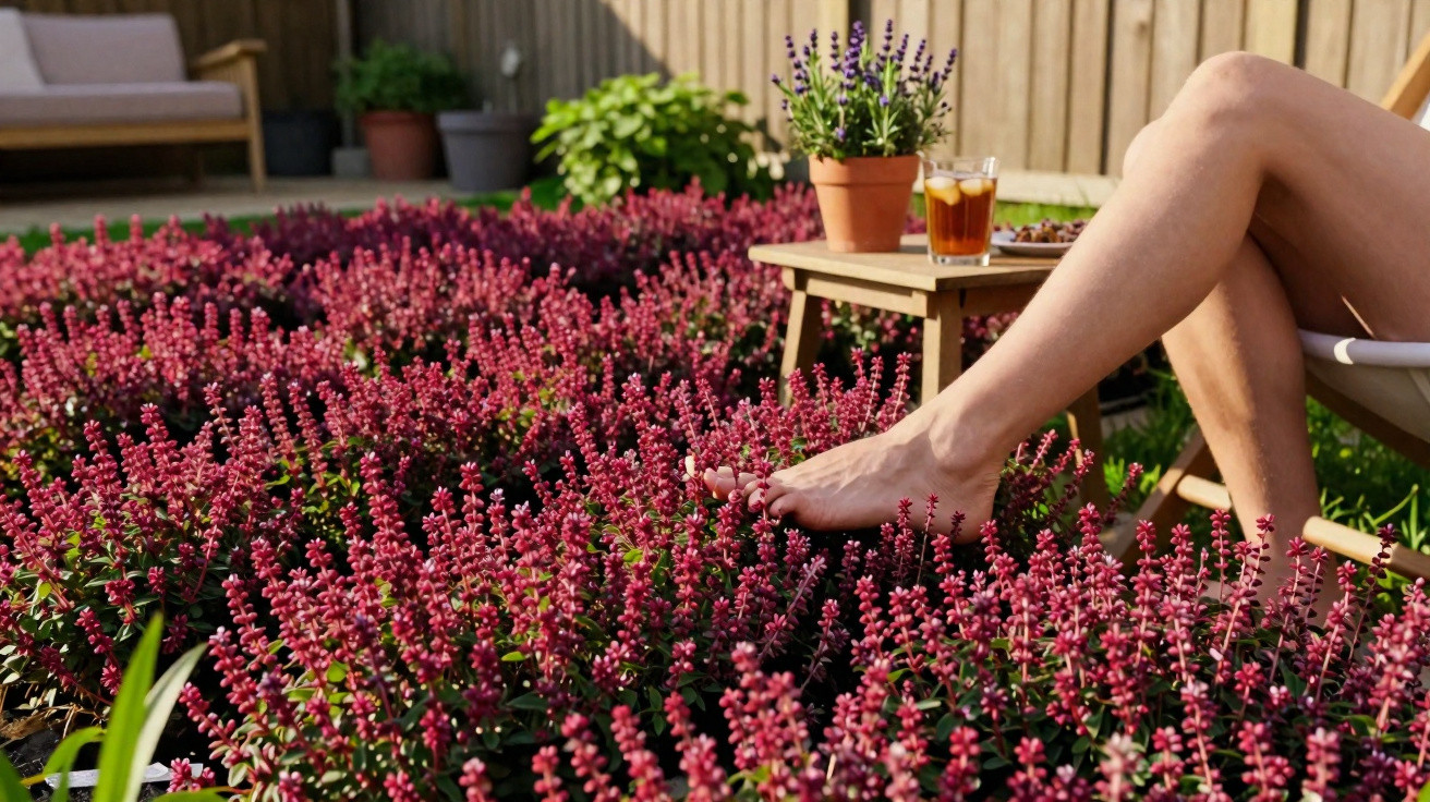 Pés descalços sobre flores rosas em um jardim com mesa e copo de chá ao fundo.