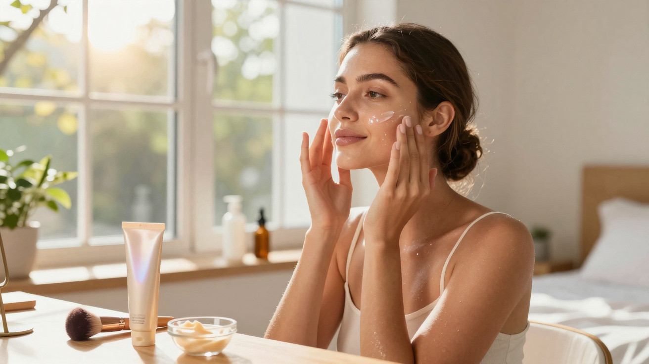 Mulher aplicando creme no rosto sentada em mesa com produtos de skincare em ambiente iluminado.
