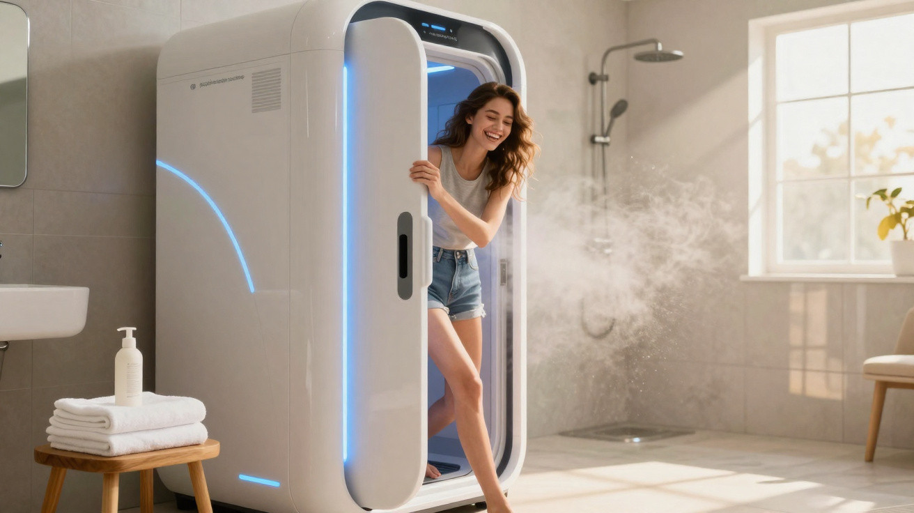 Mulher sorrindo saindo de cabine de banho a vapor em banheiro moderno iluminado.