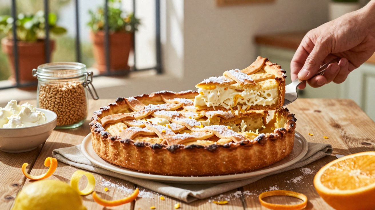 Torta de limão com massa crocante e cobertura de açúcar em pó, fatia sendo servida à colher.