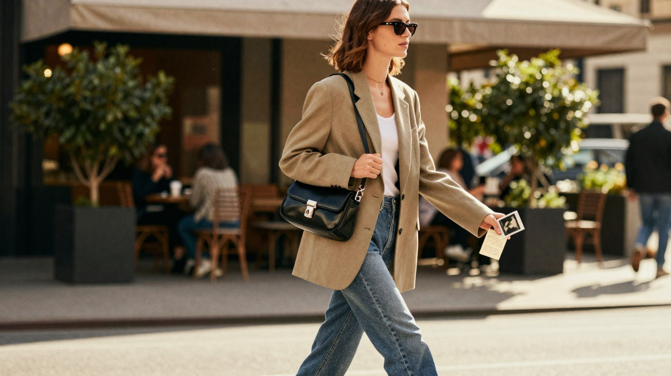 Mulher caminhando na rua com blazer bege, jeans, bolsa preta e óculos escuros em dia ensolarado.