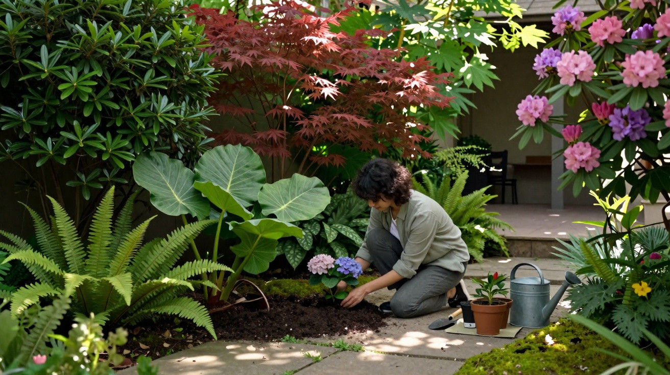 Pessoa cuidando de plantas e flores em um jardim com folhagens verdes e flores coloridas.