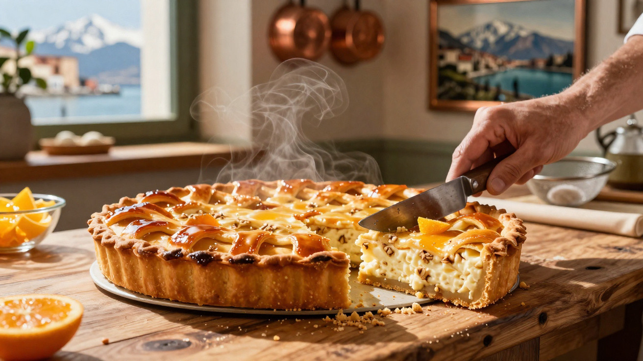 Torta quente de creme com noz pecã sendo cortada em cozinha aconchegante com montanhas ao fundo.