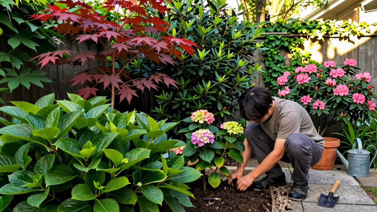 Pessoa jardinando hortênsias em jardim com folhagens verdes, flores rosas e árvore com folhas vermelhas.