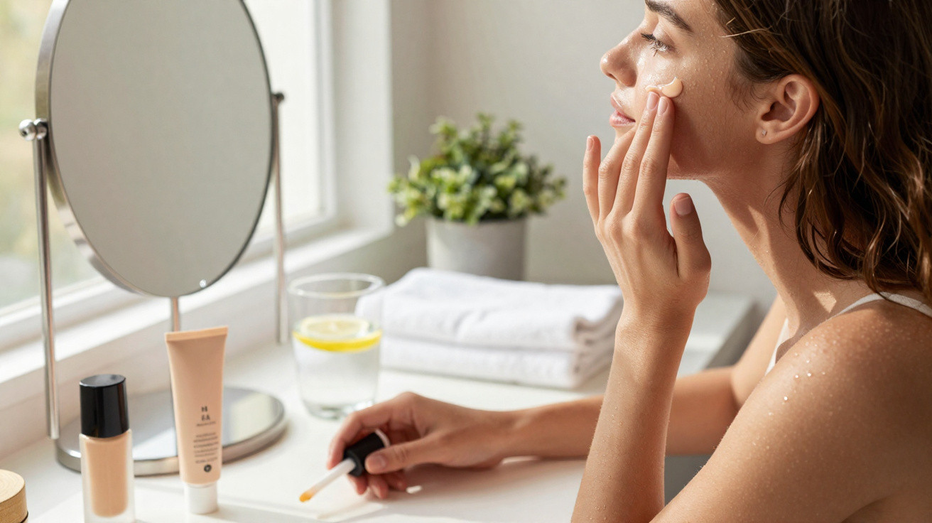 Mulher aplicando creme facial enquanto se olha em espelho em bancada iluminada por janela.