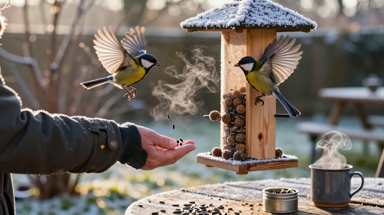 Pássaros pousando em comedouro de madeira com sementes, mão humana alimentando e caneca com vapor ao ar livre no inverno.