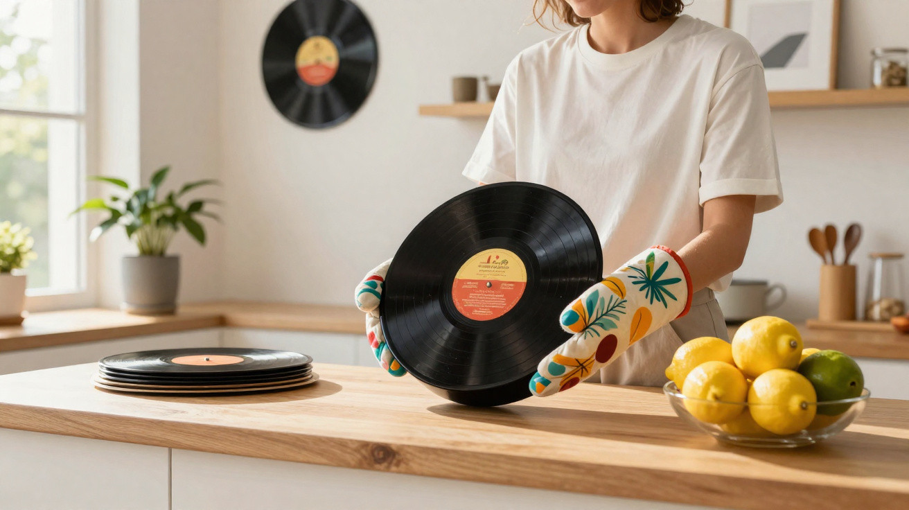 Pessoa segurando disco de vinil com luvas na cozinha, com limões e plantas ao fundo.