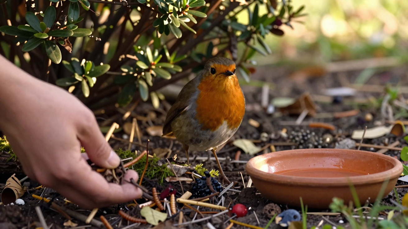 Mão humana perto de pássaro com peito laranja, no chão com folhas, frutas, gravetos e um pequeno prato de água.