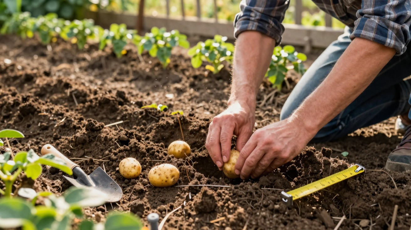 Pessoa plantando batatas na terra de uma horta com ferramentas ao redor em dia ensolarado.