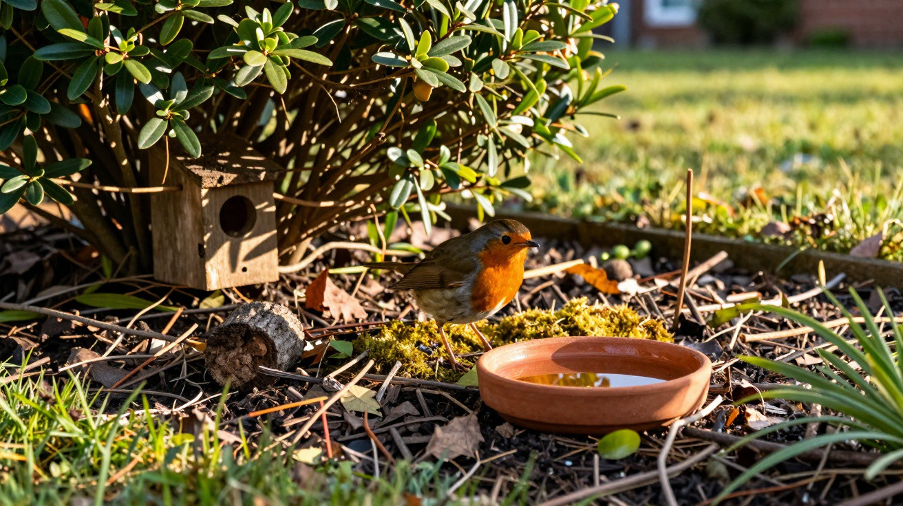 Pássaro com peito laranja próximo a uma casinha de madeira e um recipiente com água em jardim ensolarado.