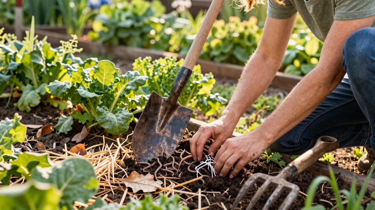 Pessoa plantando muda no solo de horta com enxada e garfo de jardim ao lado em dia ensolarado.