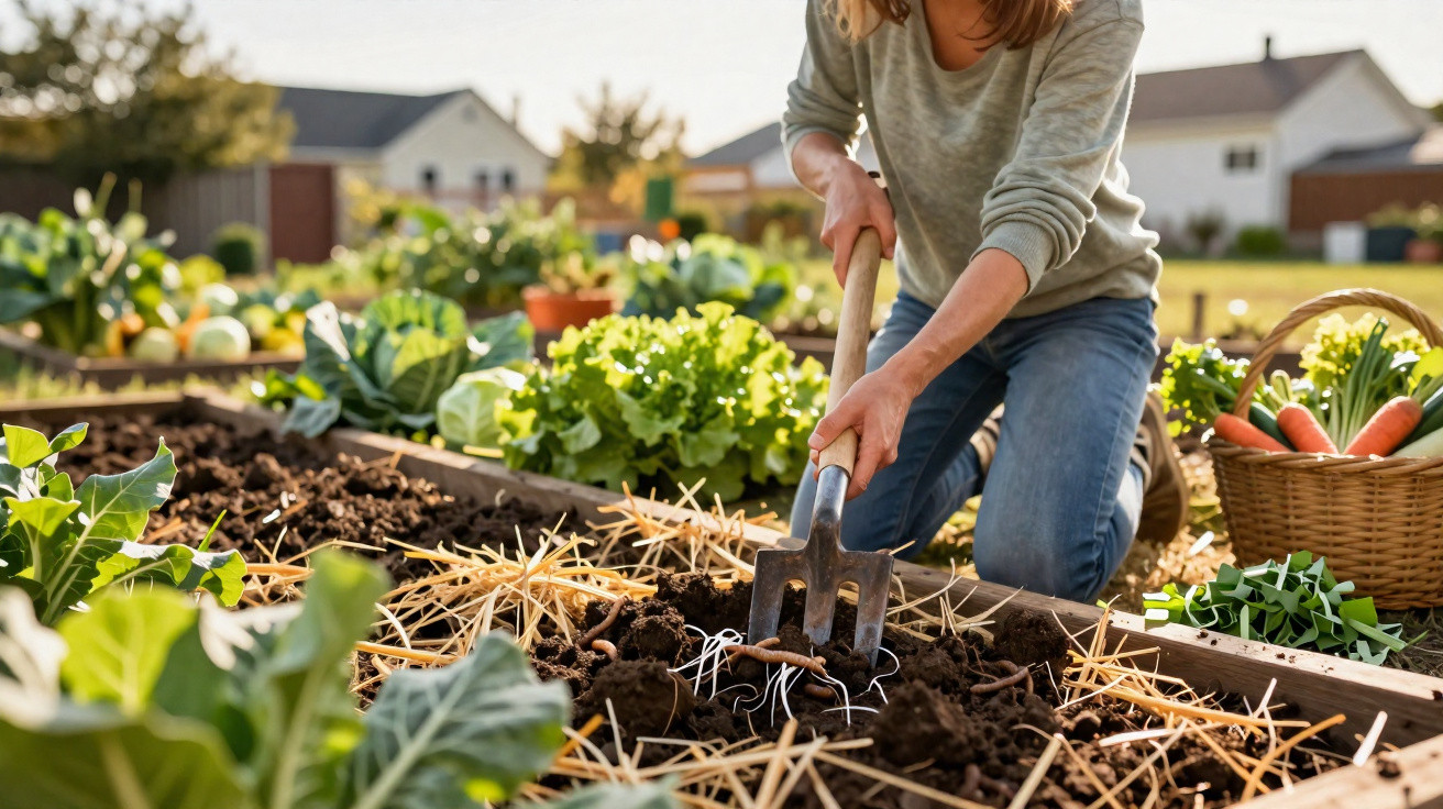Pessoa usando enxada para preparar canteiro em horta residencial com legumes e verduras ao redor.