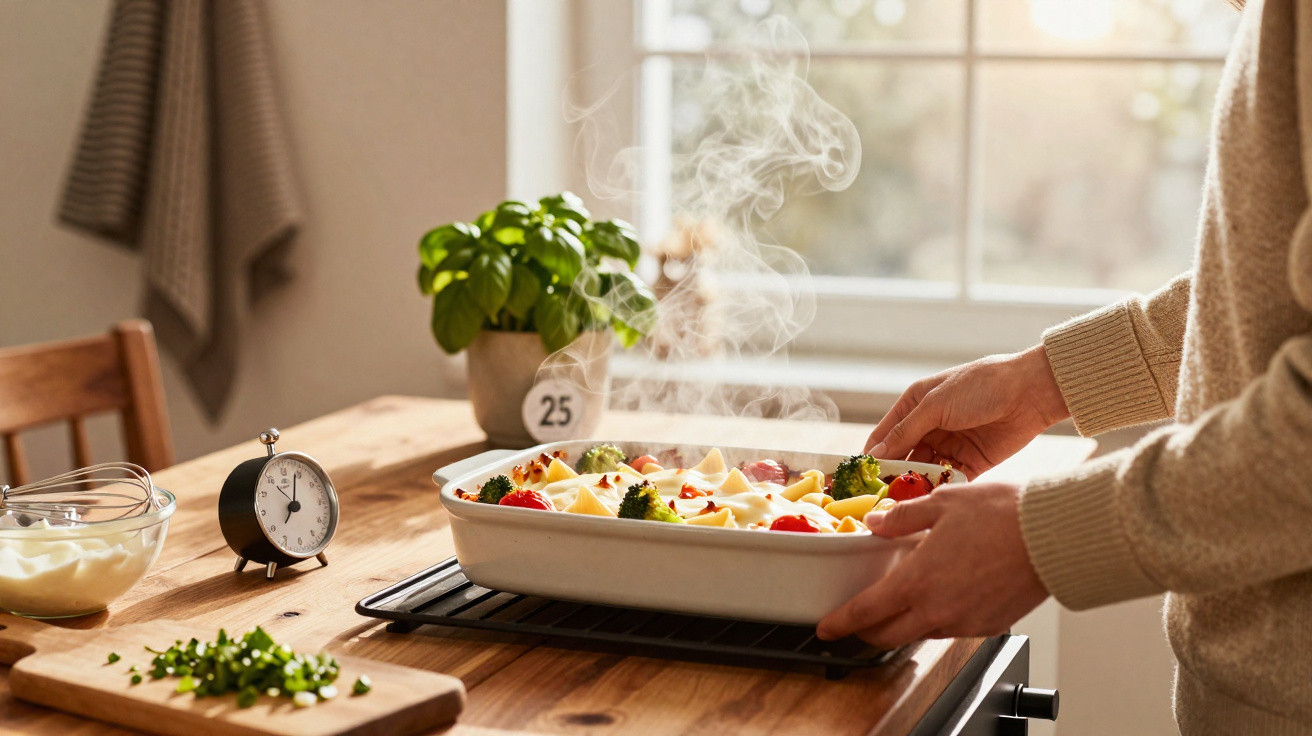 Pessoa retirando assadeira com legumes quentes e vapor no forno em cozinha iluminada.