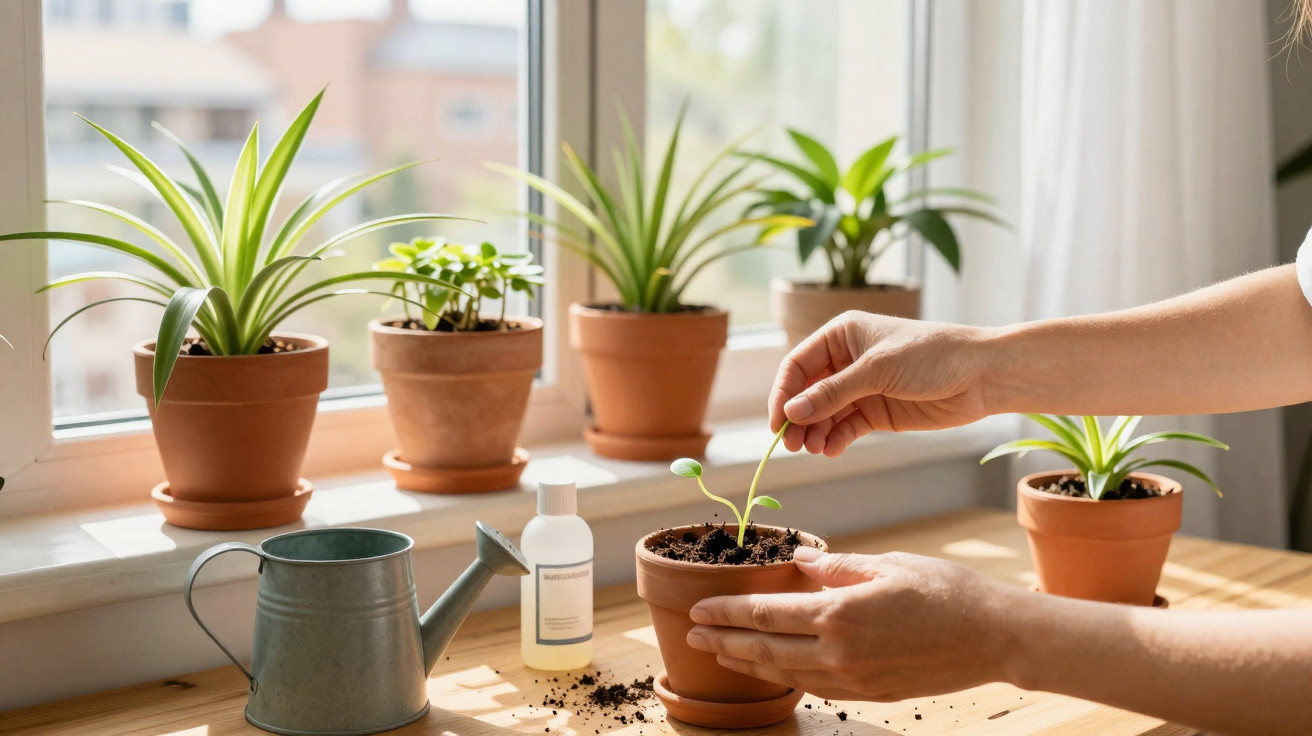 Mãos cuidando de muda em vaso de barro, ao lado de regador, vidros e outras plantas em vaso na janela.
