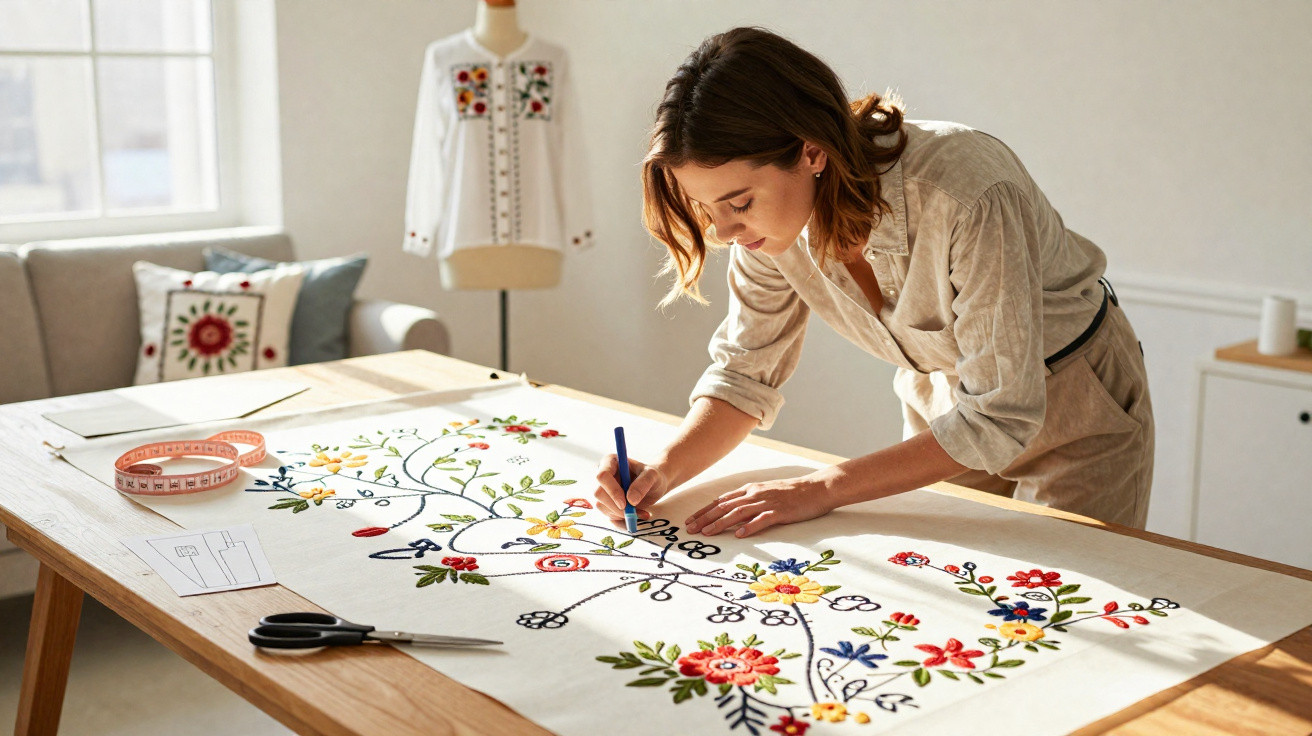 Mulher desenha bordado floral colorido em tecido esticado sobre mesa de madeira clara.