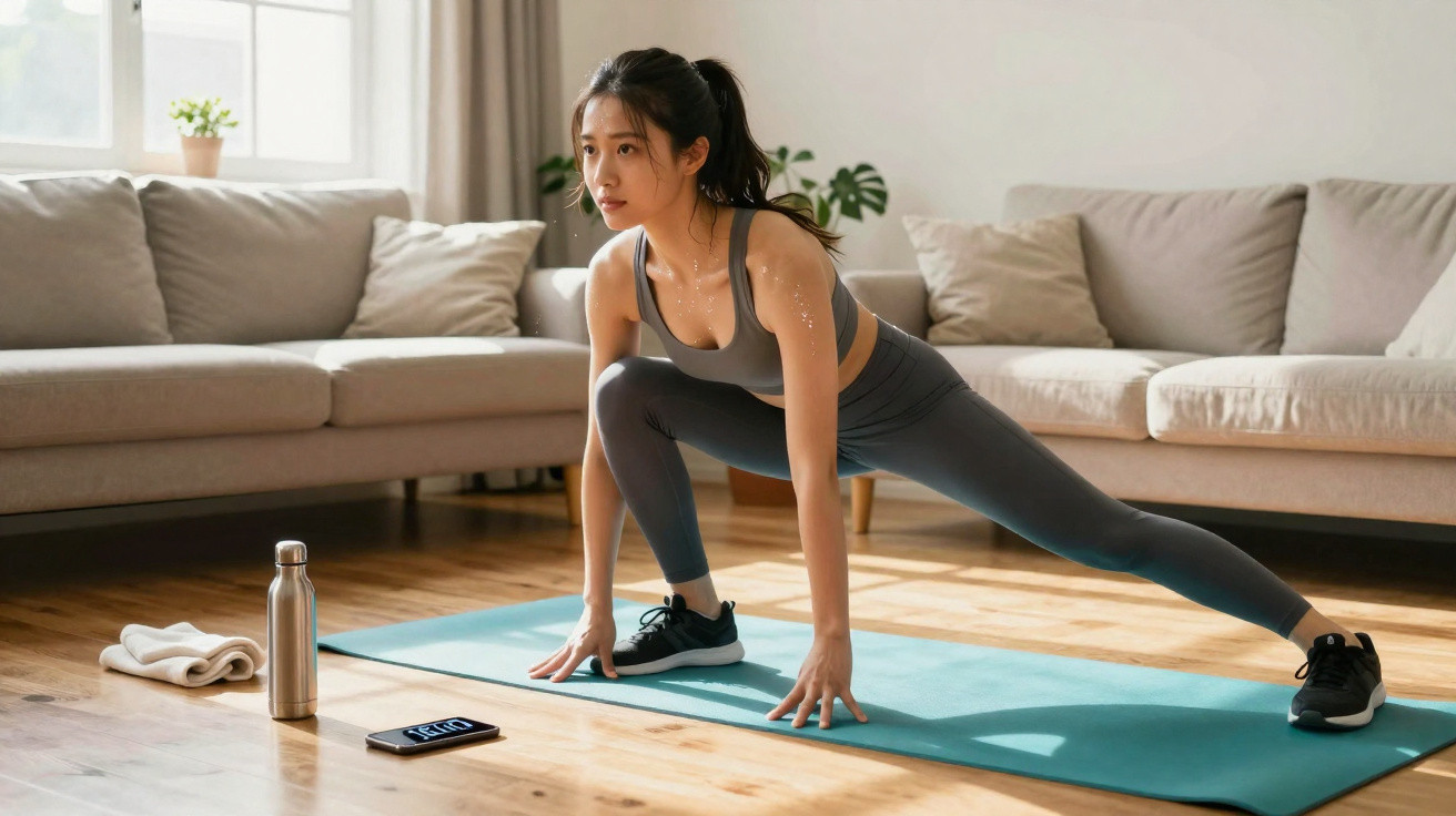Mulher jovem fazendo alongamento em tapete de yoga na sala de estar iluminada.
