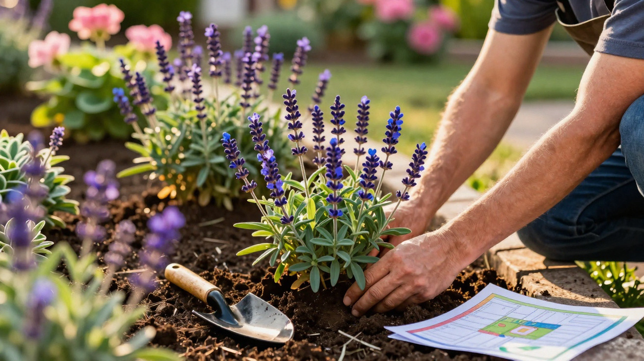 Pessoa plantando lavandas em jardim com pá de mão e plantações ao redor em dia ensolarado.