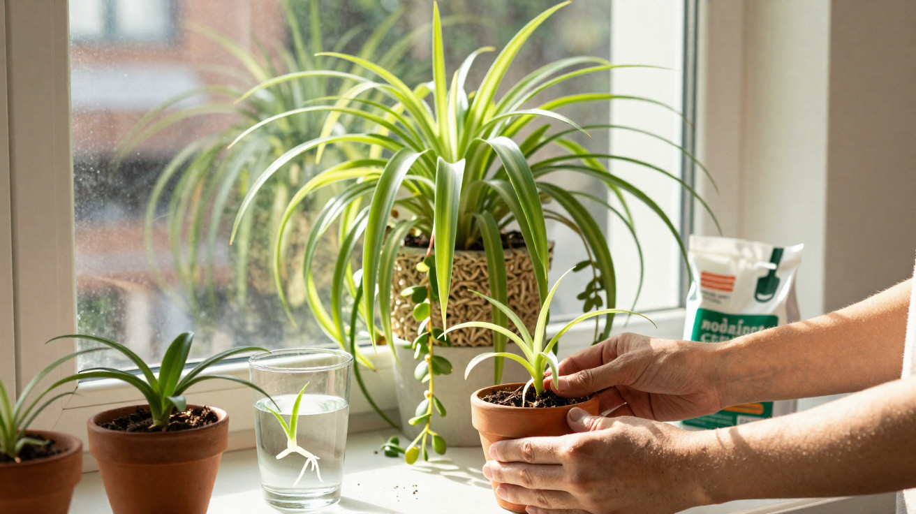 Mãos plantando muda em vaso pequeno, ao lado de outras plantas em vasos e vidro com água na janela iluminada.