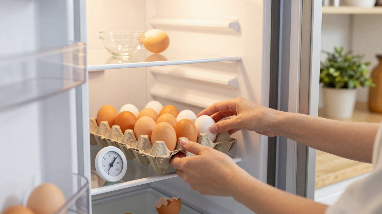 Mãos colocando ovos em um refrigerador aberto com ovos marrons e brancos e um termômetro interno.