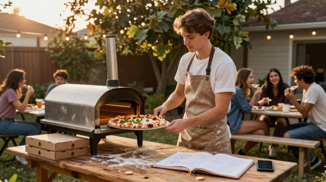 Jovem com avental retirando pizza do forno em área externa com grupo de amigos ao fundo.