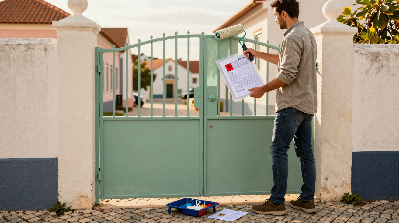 Homem com documento e rolo de pintura pinta portão de casa em rua residencial.