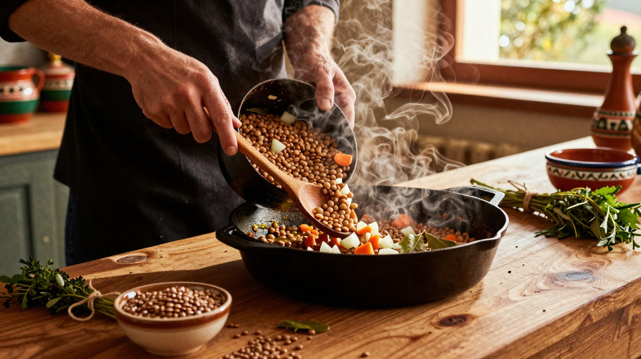 Pessoa despejando lentilhas e legumes em panela quente na cozinha rústica com vapor saindo.