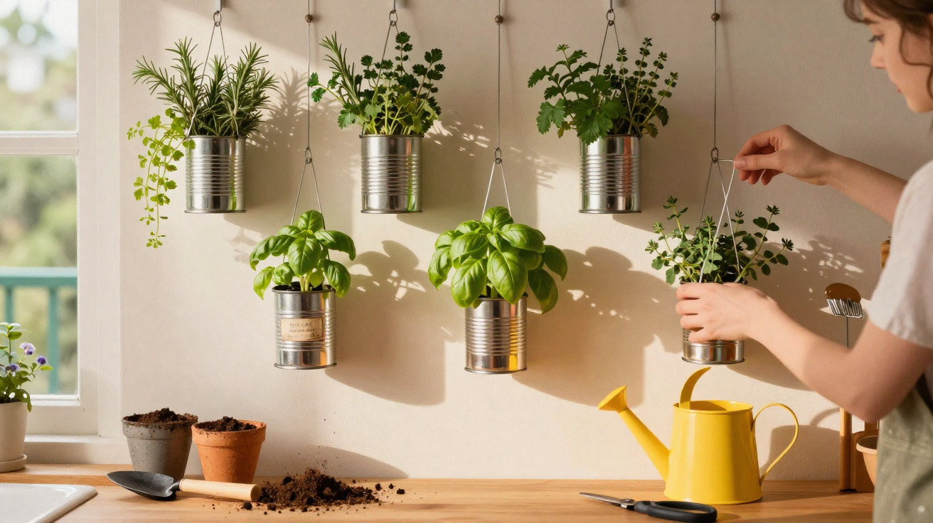 Pessoas cuidando de plantas em latas penduradas na parede de cozinha iluminada por luz natural.