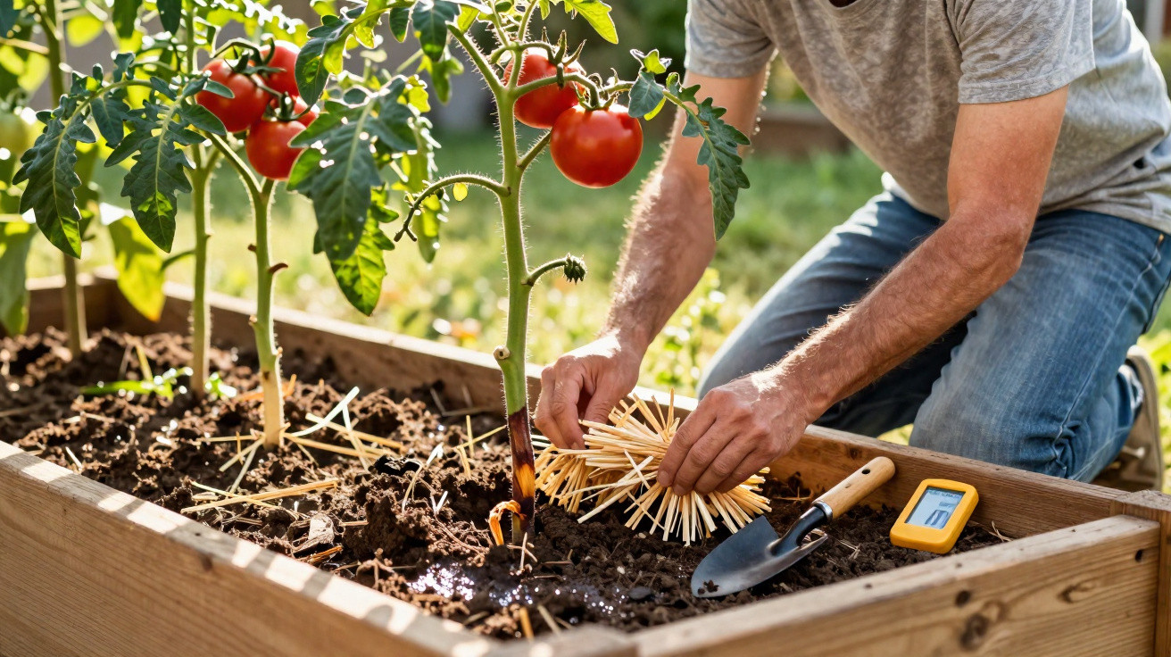 Pessoa cuidando de plantas de tomate em canteiro elevado, adicionando cobertura de palha.