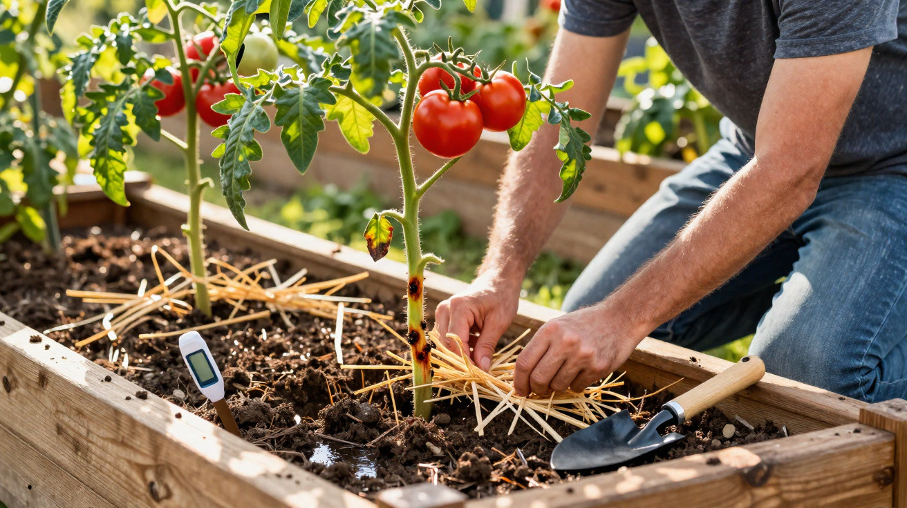 Pessoa colocando palha em redor de planta de tomate maduro em canteiro de madeira.
