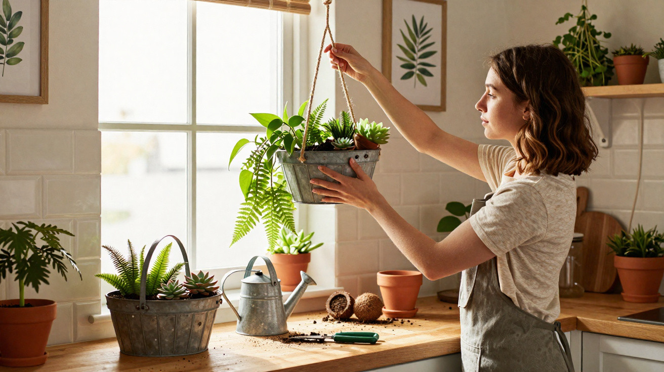 Mulher cuidando de plantas suculentas em vaso suspenso numa cozinha iluminada.