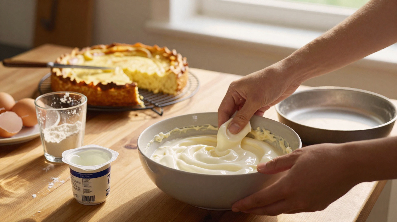 Pessoa mergulhando a mão em um bowl com creme branco sobre mesa de madeira com bolo e ingredientes.