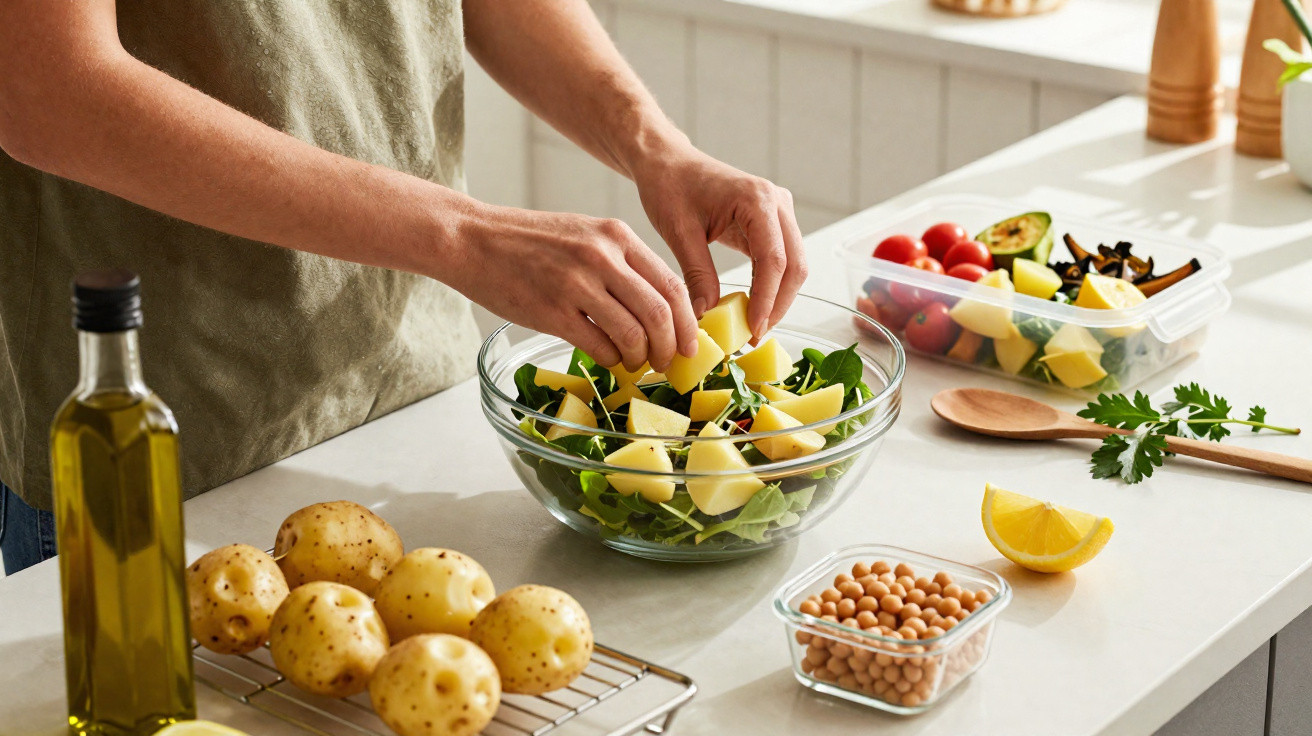 Pessoa preparando salada com batatas, folhas verdes e grão-de-bico em cozinha iluminada.