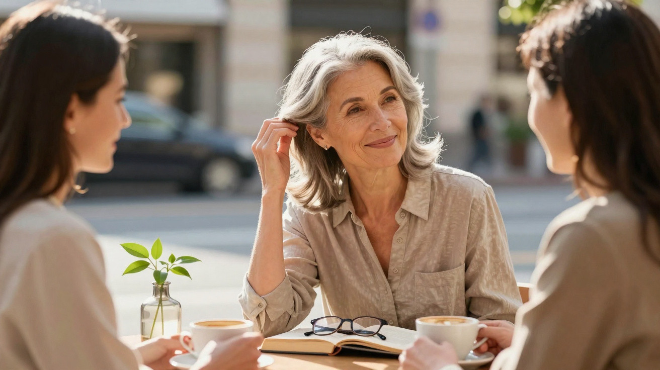 Três mulheres conversando em uma mesa ao ar livre, com café e livro aberto à frente.