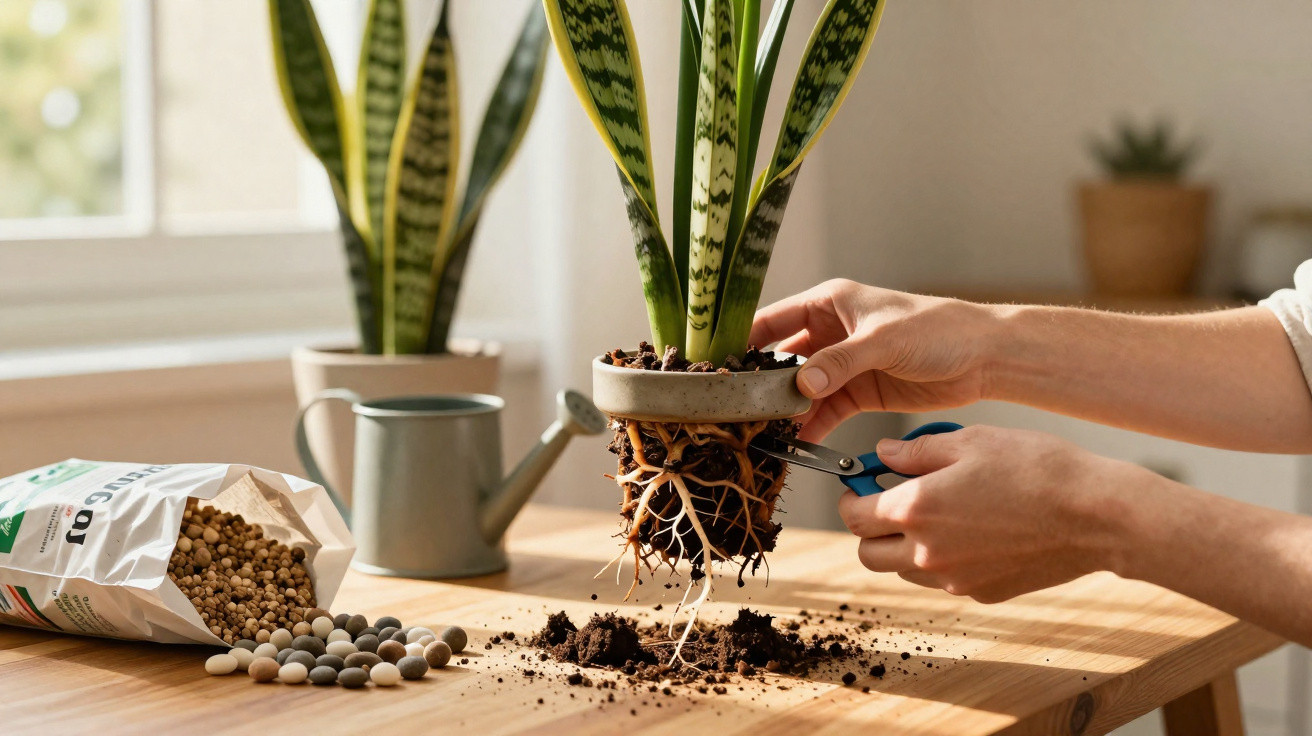 Pessoa podando as raízes de uma planta suculenta em vaso dentro de uma sala iluminada.