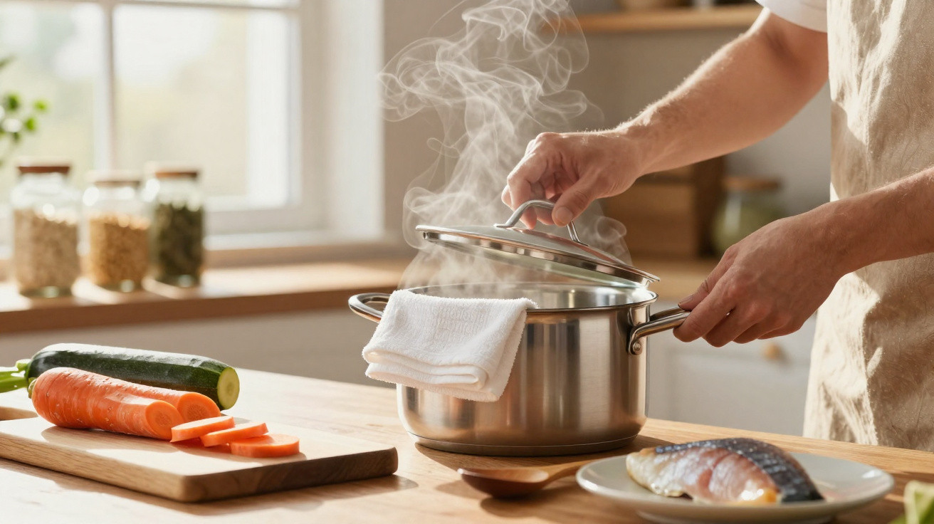 Pessoa levantando tampa de panela com vapor, próximo a legumes e peixe em cozinha iluminada.